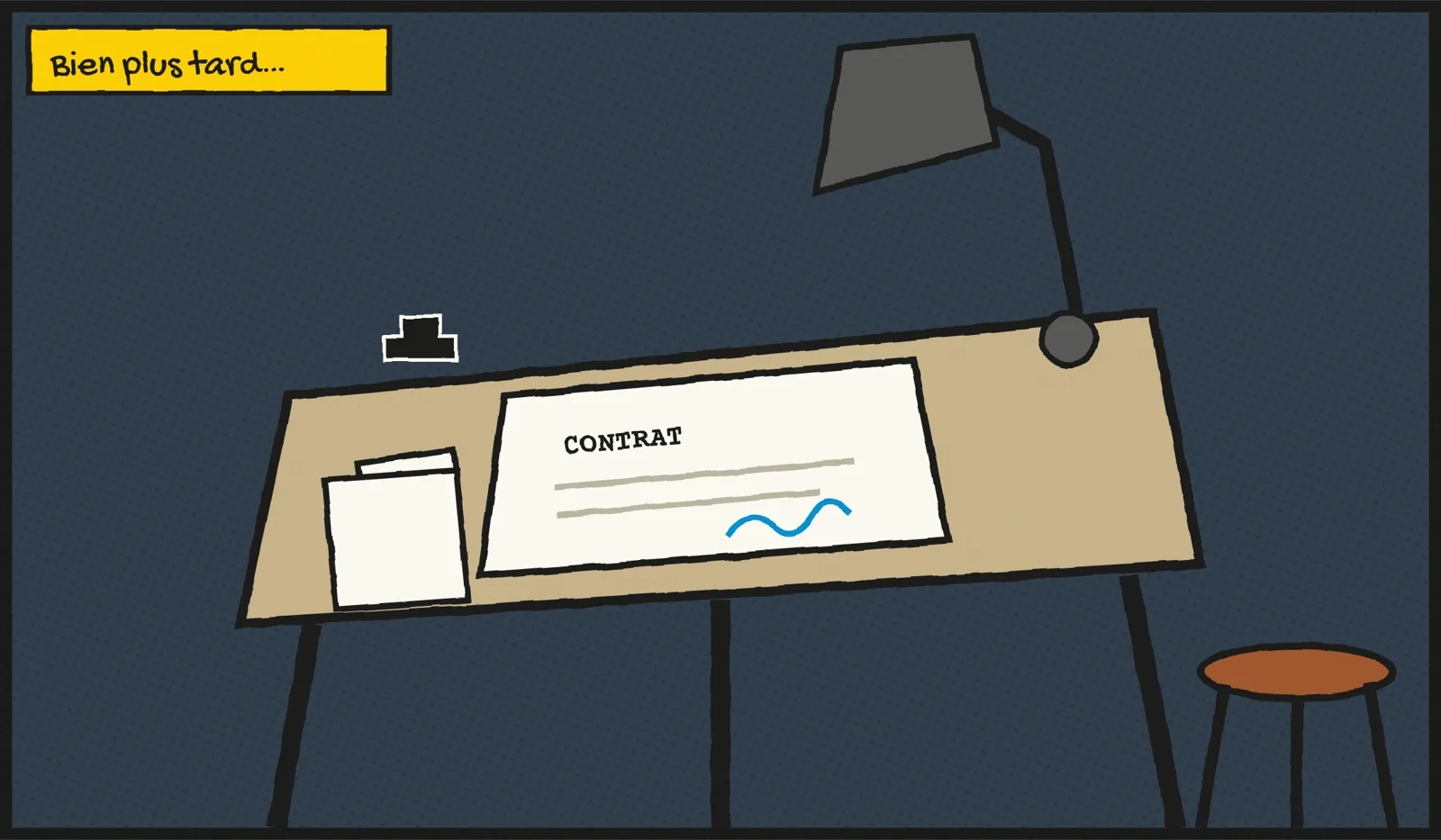 A drawn drawing table at night, the lamp switched off, an empty stool beside it, a blank sheet pinned to the board and a contract lying on it with someone else’s blue signature.