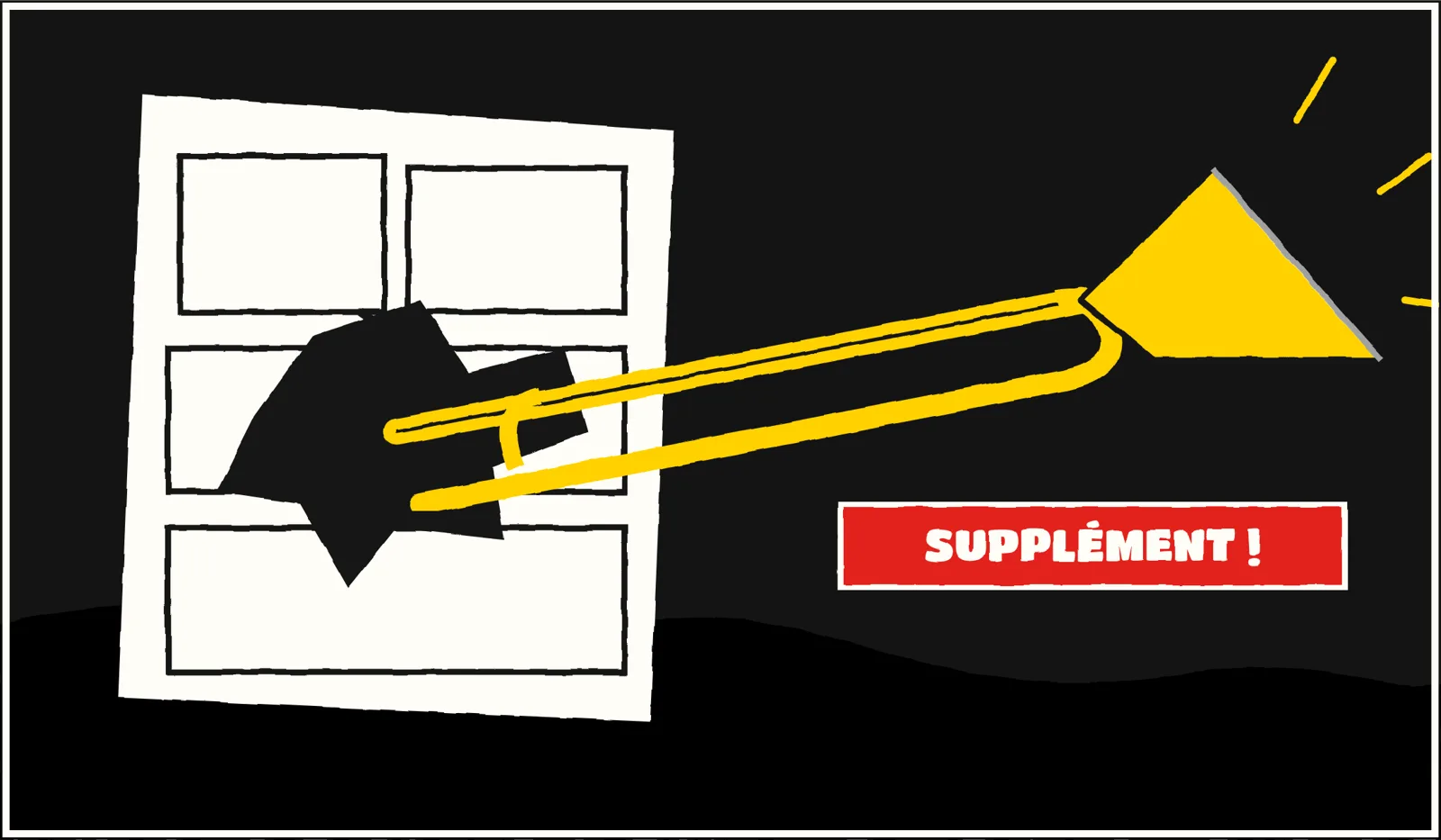 A drawn magazine page torn open by a brass trombone bursting out of it, on a black ground with a pool of spilled ink, and a red banner reading Supplément !